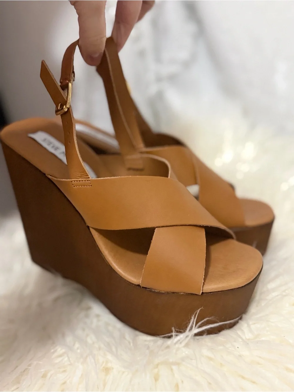 Steve Madden Tan Leather Platform Wedge Sandals Size 8.5 / 39 Fall 26 #015